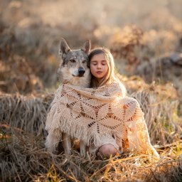 Adrian Ekiert Fotografia - Dziewczynka z zamkniętymi oczami, przytulona do wilka, okryta beżowym, ażurowym kocem z frędzlami, na tle łąki w ciepłym świetle.
