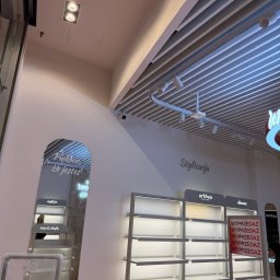 Mistre Group sp. z o.o. - Nowoczesne oświetlenie sufitowe w sklepie z półkami ekspozycyjnymi. Widoczne reflektory i listwy LED. Minimalistyczny design wnętrza sklepowego.