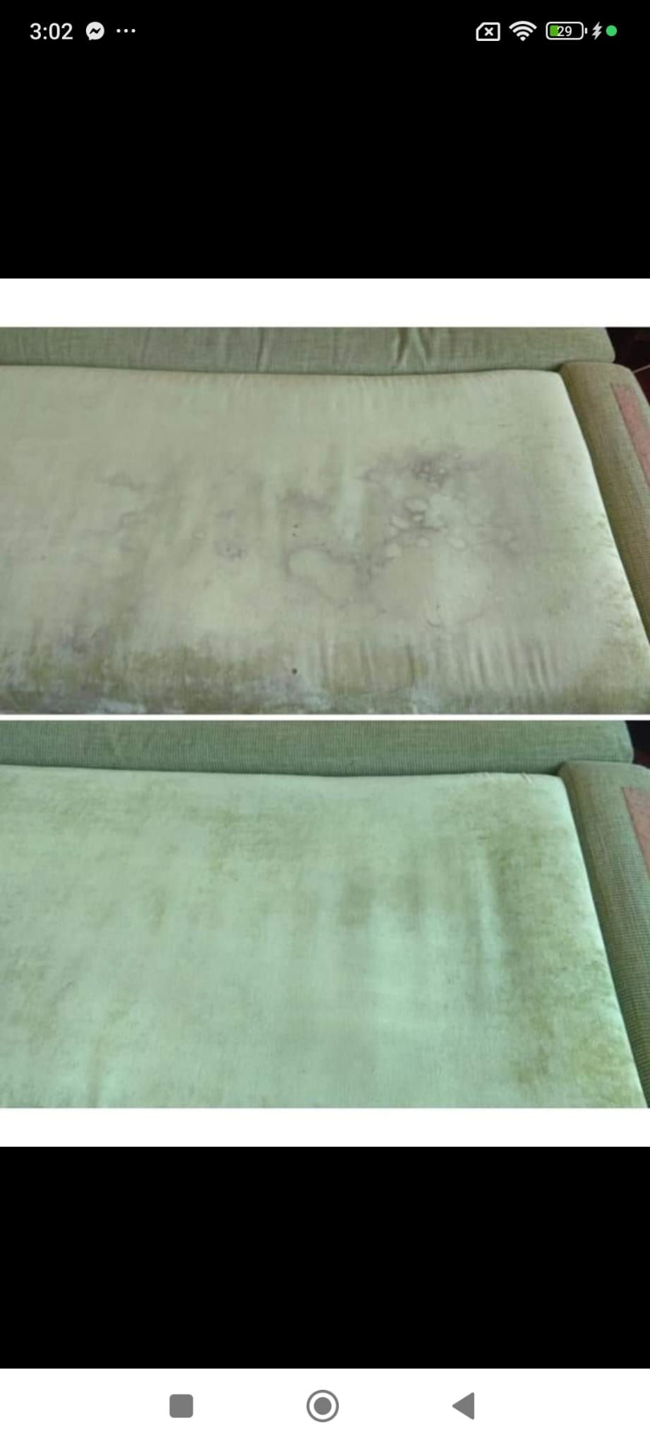 Zdjęcie 'przed i po' czyszczenia tapicerki kanapy, ukazujące wyraźną różnicę w wyglądzie i czystości materiału. Widoczne plamy usunięte, odświeżony kolor.