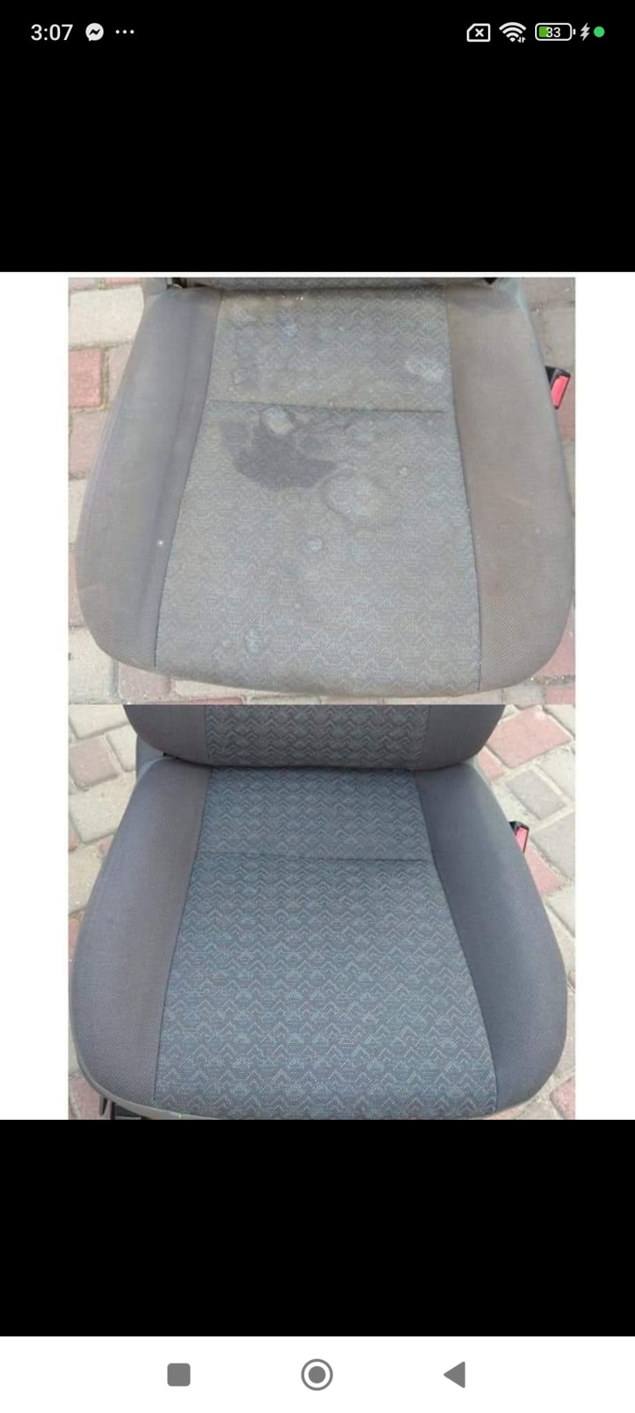 Tapicerka samochodowa przed i po czyszczeniu: widoczne plamy usunięte, odświeżony wzór. Efekt prania tapicerki na zewnątrz, na tle kostki brukowej.