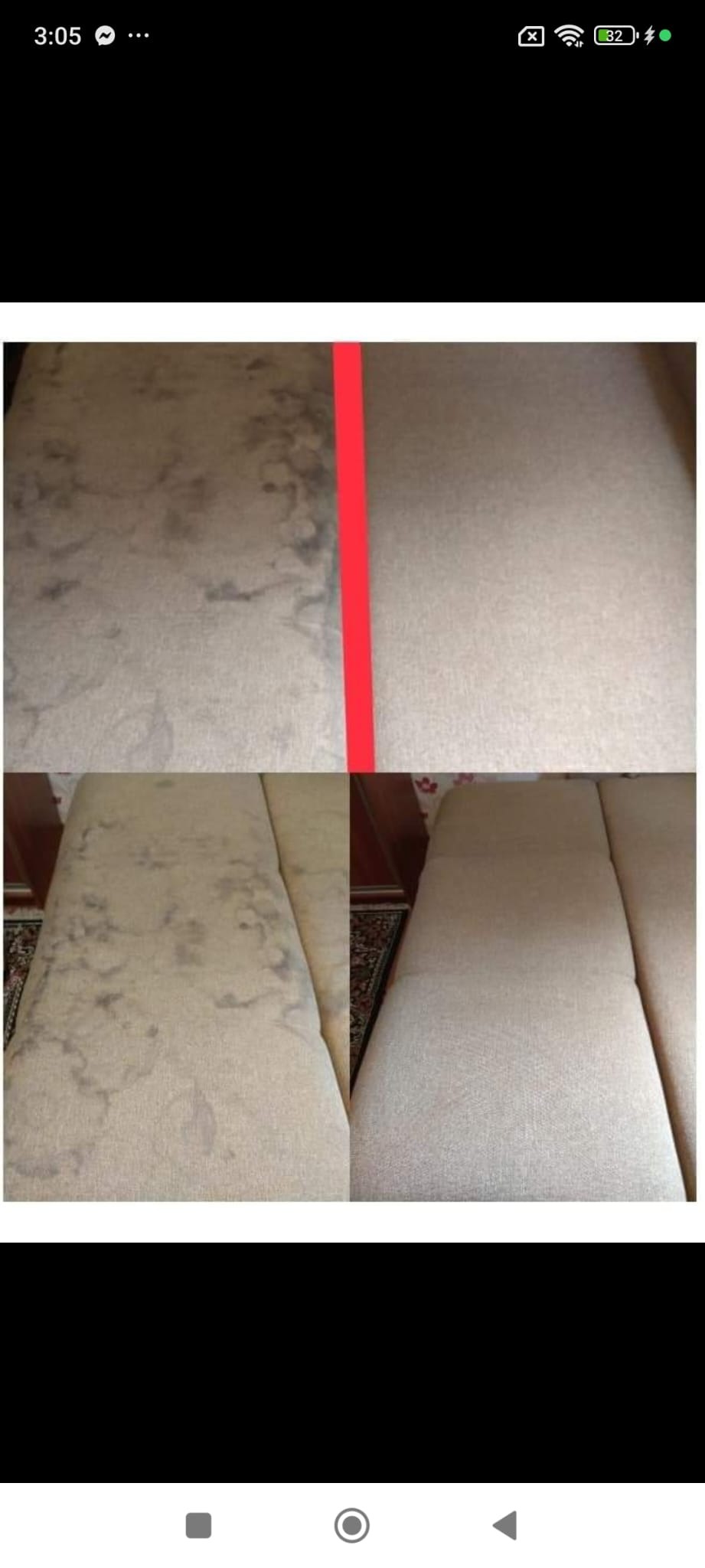 Efekt prania tapicerki kanapy: porównanie 'przed' z widocznymi plamami i 'po' z czystą, odświeżoną powierzchnią, oddzielone czerwoną linią.