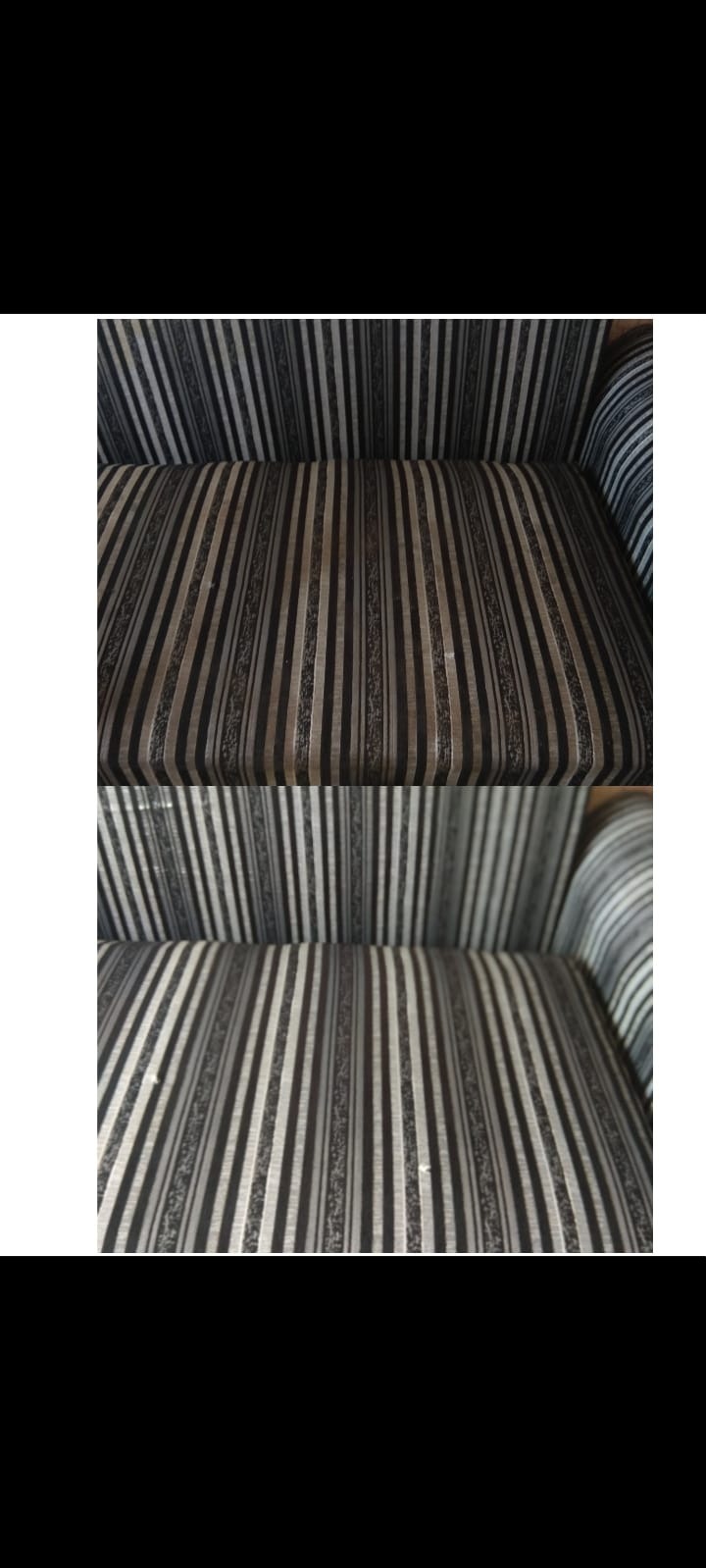 Pranie tapicerki kanapy w paski: góra - zabrudzona, dół - po czyszczeniu, widoczne różnice w odcieniach szarości i bieli.