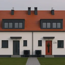 Bliźniak w Warszawie z czerwoną dachówką i klimatyzatorami. Jeden z domów ma czerwone drzwi z wiankiem, drugi szare. Minimalistyczny styl.