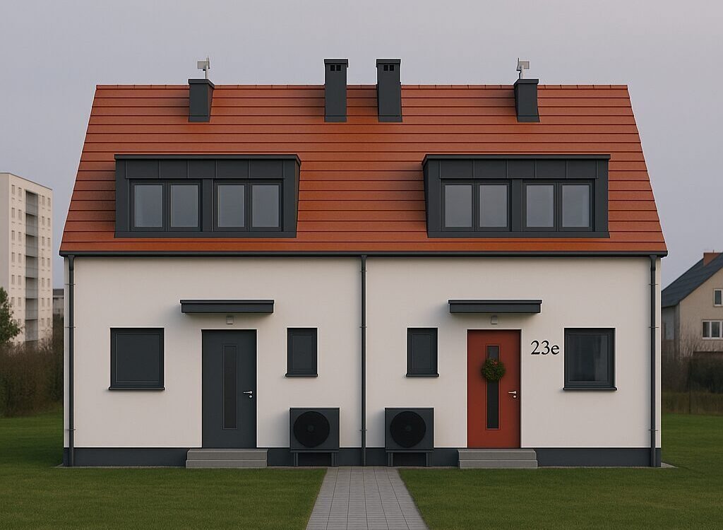 Bliźniak w Warszawie z czerwoną dachówką i klimatyzatorami. Jeden z domów ma czerwone drzwi z wiankiem, drugi szare. Minimalistyczny styl.