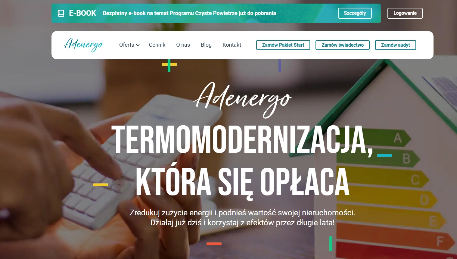 Strona internetowa firmy Adenergo z ofertą termomodernizacji i świadectw energetycznych, widoczny fragment świadectwa energetycznego.