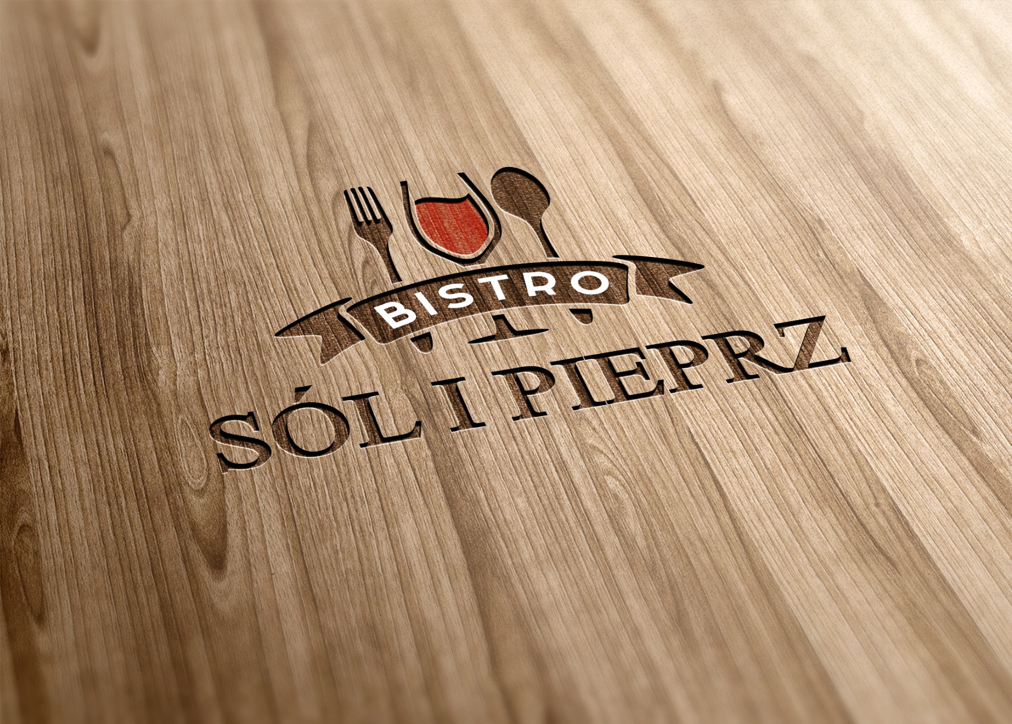 Projekt logotypu restauracji Sól i Pieprz + druk menu, grawer na kubka i haft na odzieży firmowej.