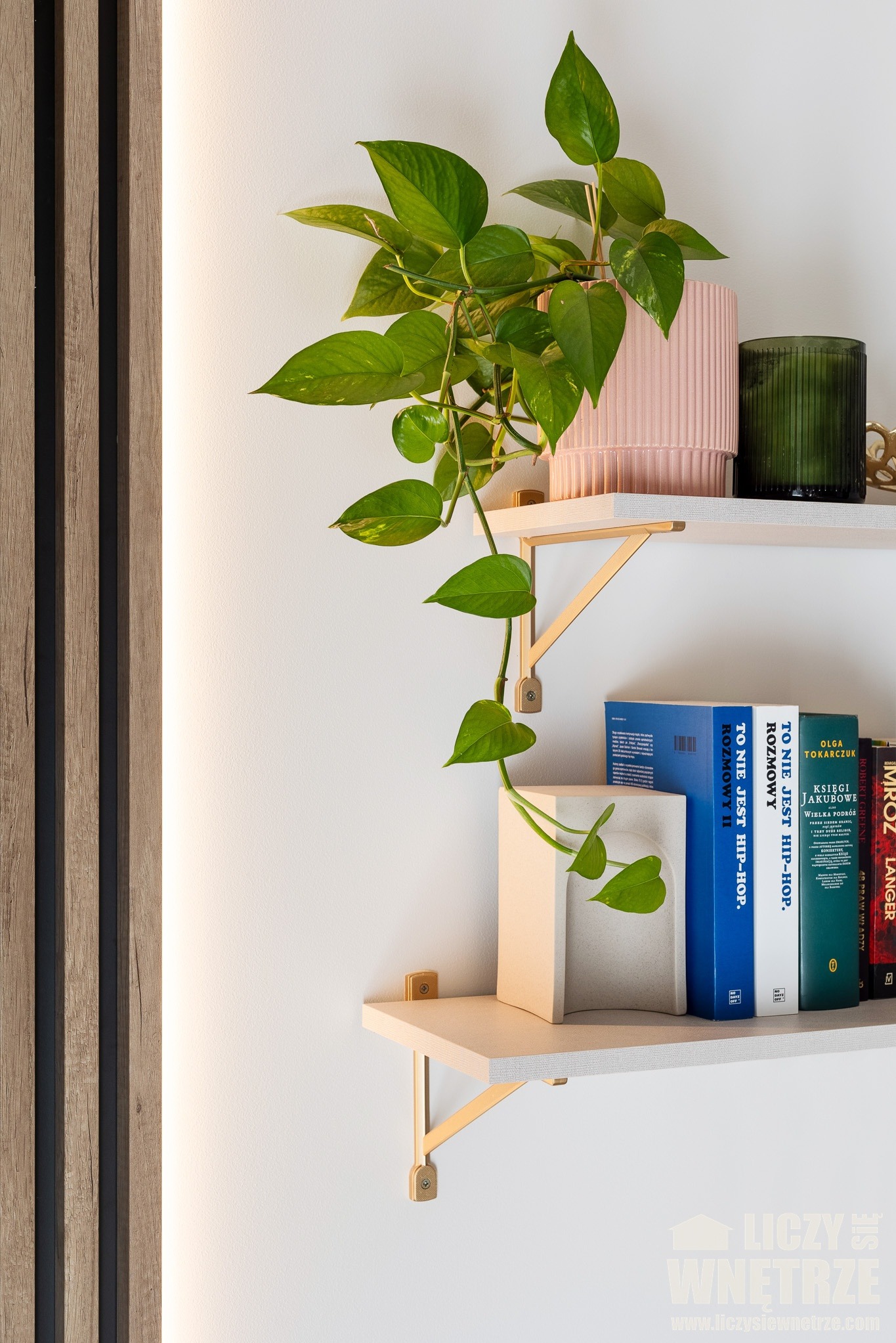 Półki z książkami i roślinami w doniczkach, drewniane lamele na ścianie, oświetlenie LED. Aranżacja wnętrza z elementami dekoracyjnymi i książkami.