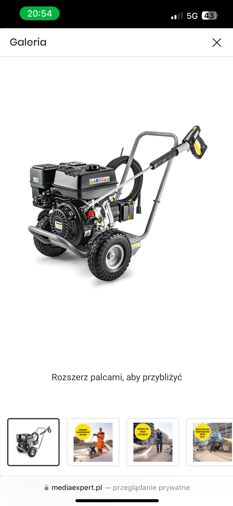 Profesjonalna myjka ciśnieniowa Karcher HD 6/15 G Classic z silnikiem spalinowym. Urządzenie na kołach z lancą i wężem, idealne do czyszczenia kostki brukowej.