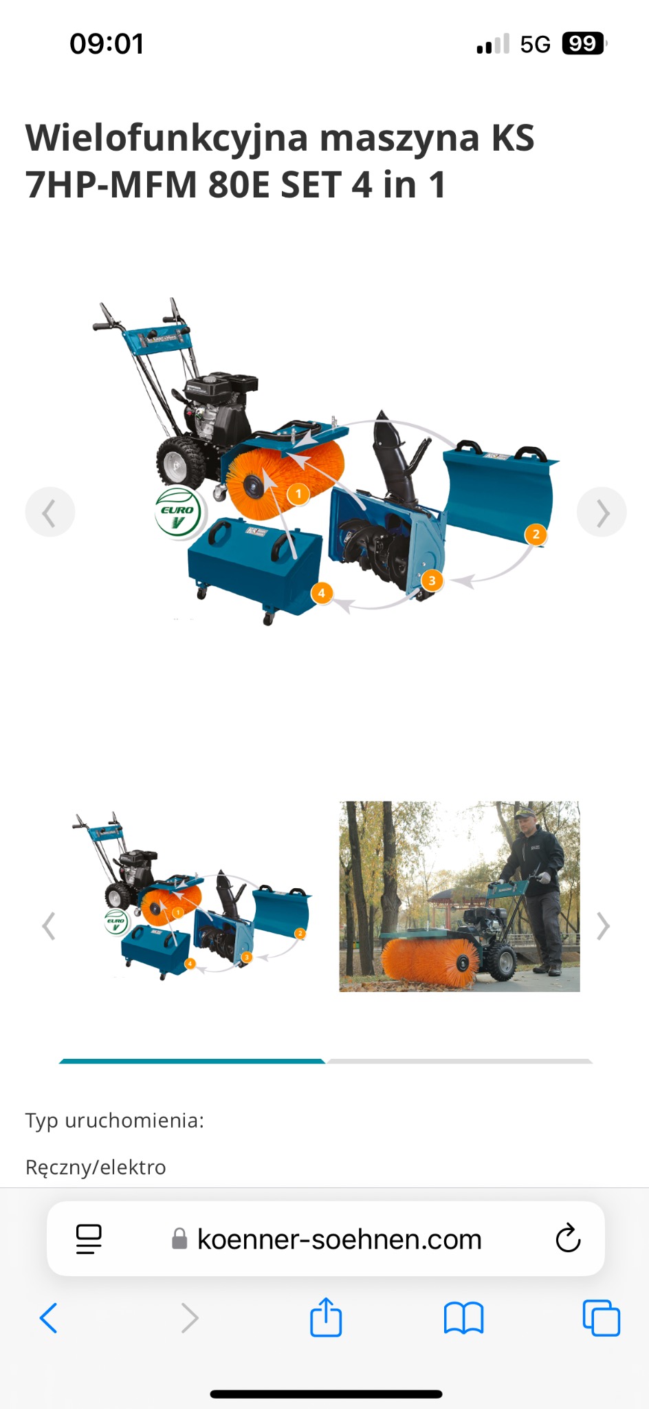 Wielofunkcyjna maszyna KS 7HP-MFM 80E SET 4 in 1 z wymiennymi elementami: szczotka, odśnieżarka, pojemnik. Widoczny fragment strony internetowej producenta.