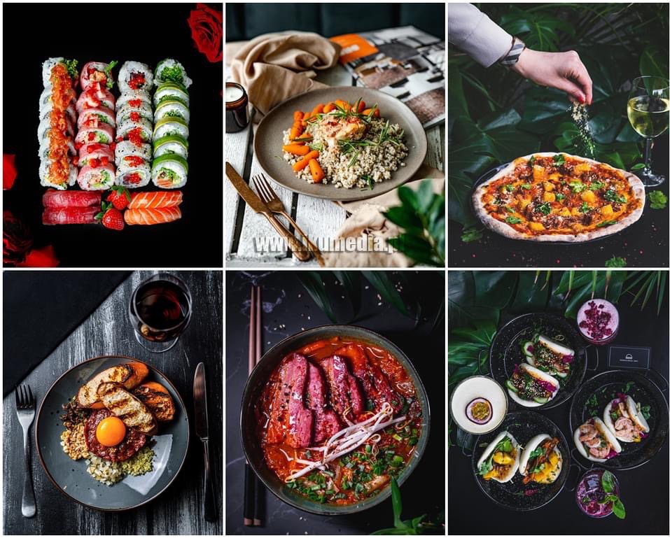 Kolaż sześciu zdjęć potraw: sushi, sałatka, pizza, tatar, zupa azjatycka, bao buns. Każde zdjęcie ma unikalną kompozycję i oświetlenie, prezentując różnorodność kulinarną.