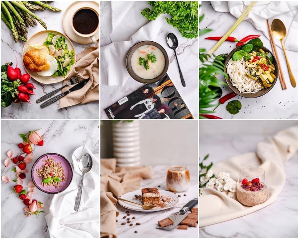 Kompozycja sześciu kadrów z jedzeniem na marmurowym tle: burger, zupa, makaron, jogurt, tiramisu, owsianka. Różne style i aranżacje. Fotografia kulinarna.