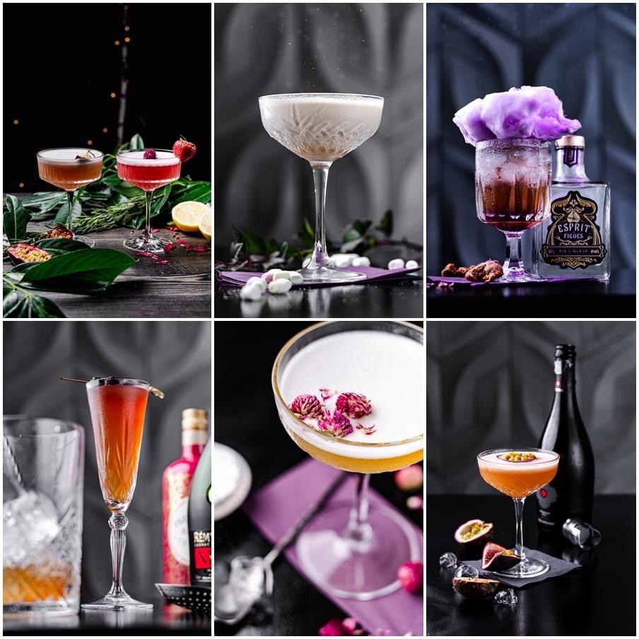Kolaż sześciu różnych, artystycznych ujęć koktajli w eleganckich szklankach, każdy z unikalną dekoracją i tłem, tworzących wizualną kompozycję barmańską.