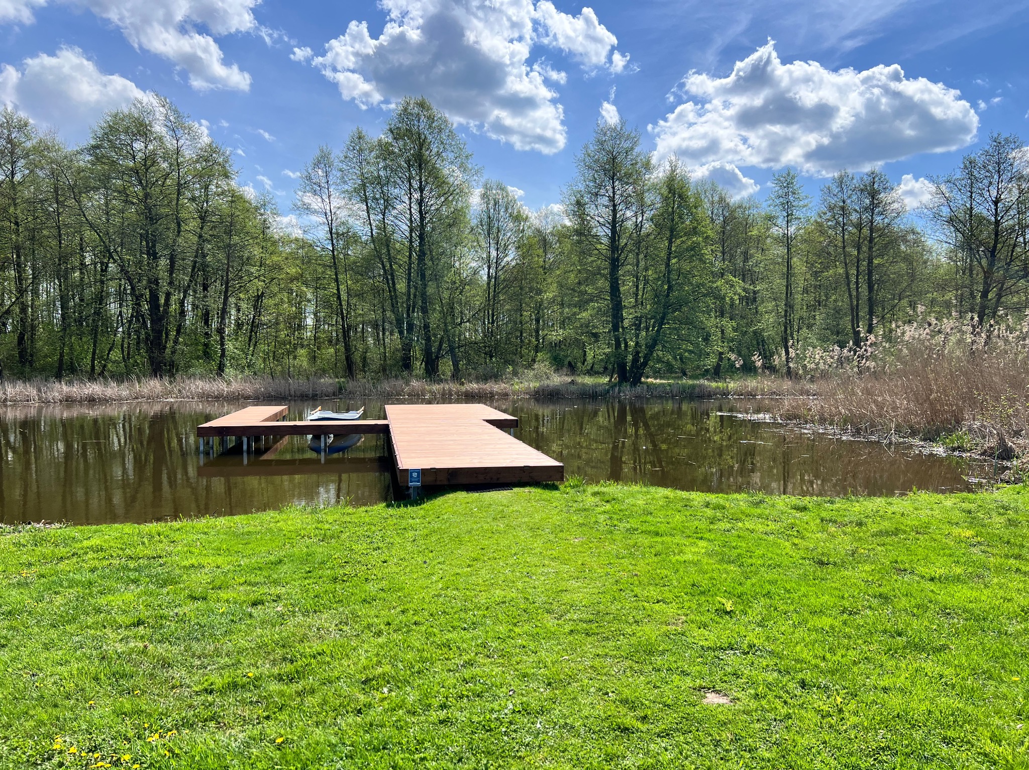 Drewniany pomost nad stawem, otoczony zielenią i drzewami, w słoneczny dzień. Na pomoście zacumowana łódka. Widok z perspektywy trawnika.