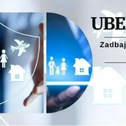 Grafika reklamowa: dłonie trzymające tablet z ikonami (rodzina, dom, auto, samolot, serce) symbolizujące bezpieczeństwo. Napis: Ubezpieczenia. Sylwia Gwóźdź, numer telefonu.