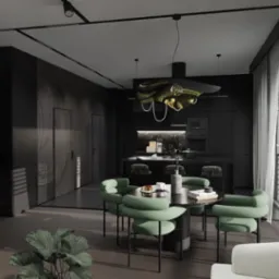 Nowoczesne wnętrze: czarne ściany z rysunkiem, stół z zielonymi krzesłami, designerska lampa. Widok na balkon przez okno z żaluzjami.