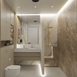 Elegancka łazienka z marmurowymi ścianami, złotą armaturą i designerską lampą wiszącą. Umywalka z szafką i podświetleniem LED. Nowoczesna toaleta podwieszana.