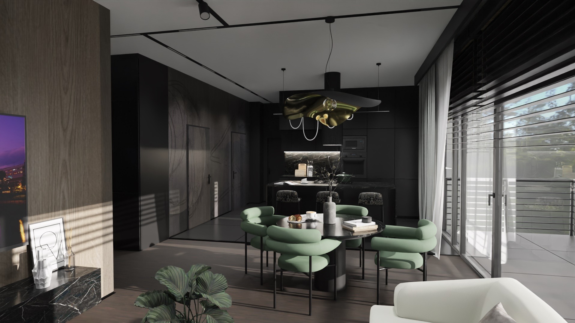 Nowoczesne wnętrze: czarne ściany z rysunkiem, stół z zielonymi krzesłami, designerska lampa. Widok na balkon przez okno z żaluzjami.