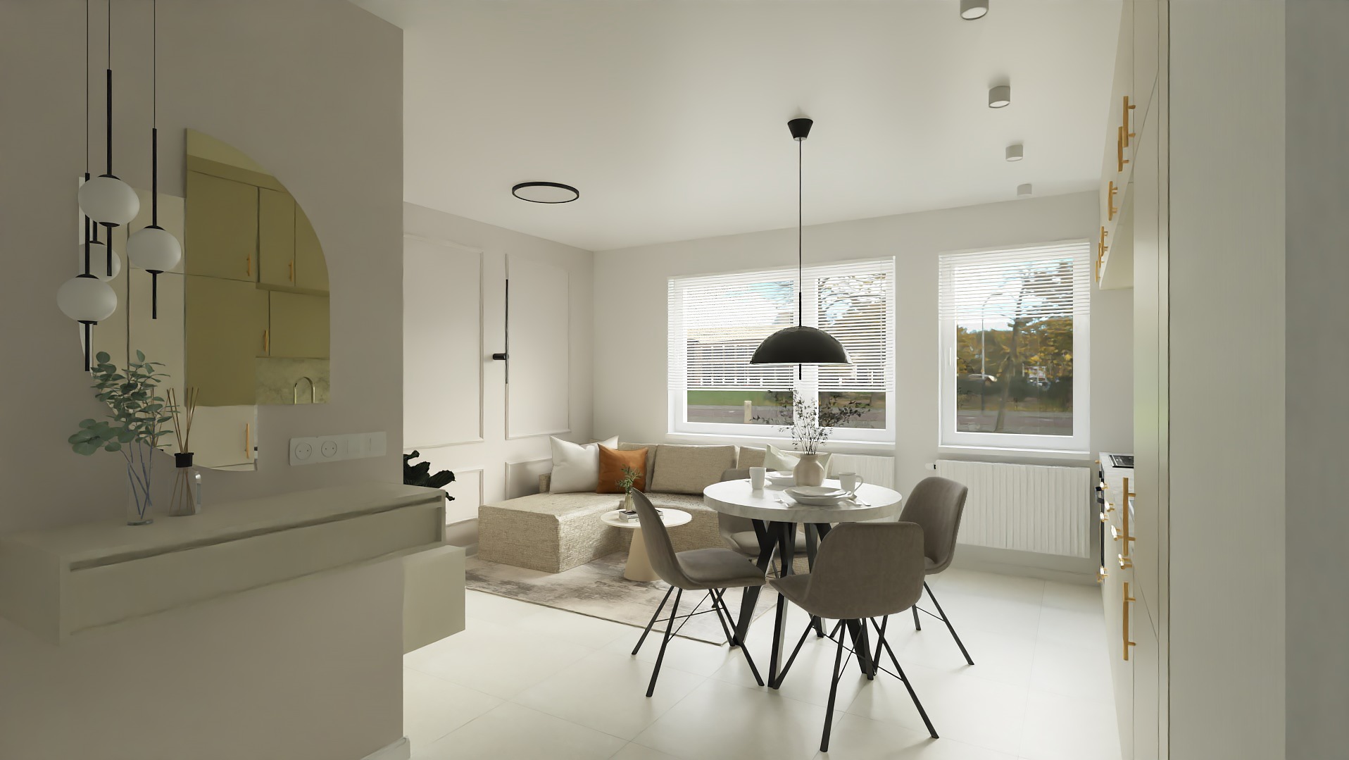 Jasne wnętrze z okrągłym stołem i narożną sofą. Lustro z dekoracyjnym oświetleniem odbija fragment kuchni. Minimalistyczny design z akcentami w kolorze złota.