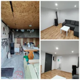 Kompozycja 'przed i po': surowe wnętrze z boazerią kontra odnowiony pokój z piecem, panelami i meblami. Widoczne zmiany w wykończeniu i aranżacji.