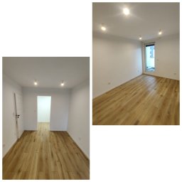 GładkoMalowane Bartłomiej Trzebuniak - Dwa ujęcia pokoju z panelami podłogowymi w odcieniach brązu. Na ścianach świeża, biała farba. Widoczne zamontowane oświetlenie sufitowe. Nowe wykończenie.