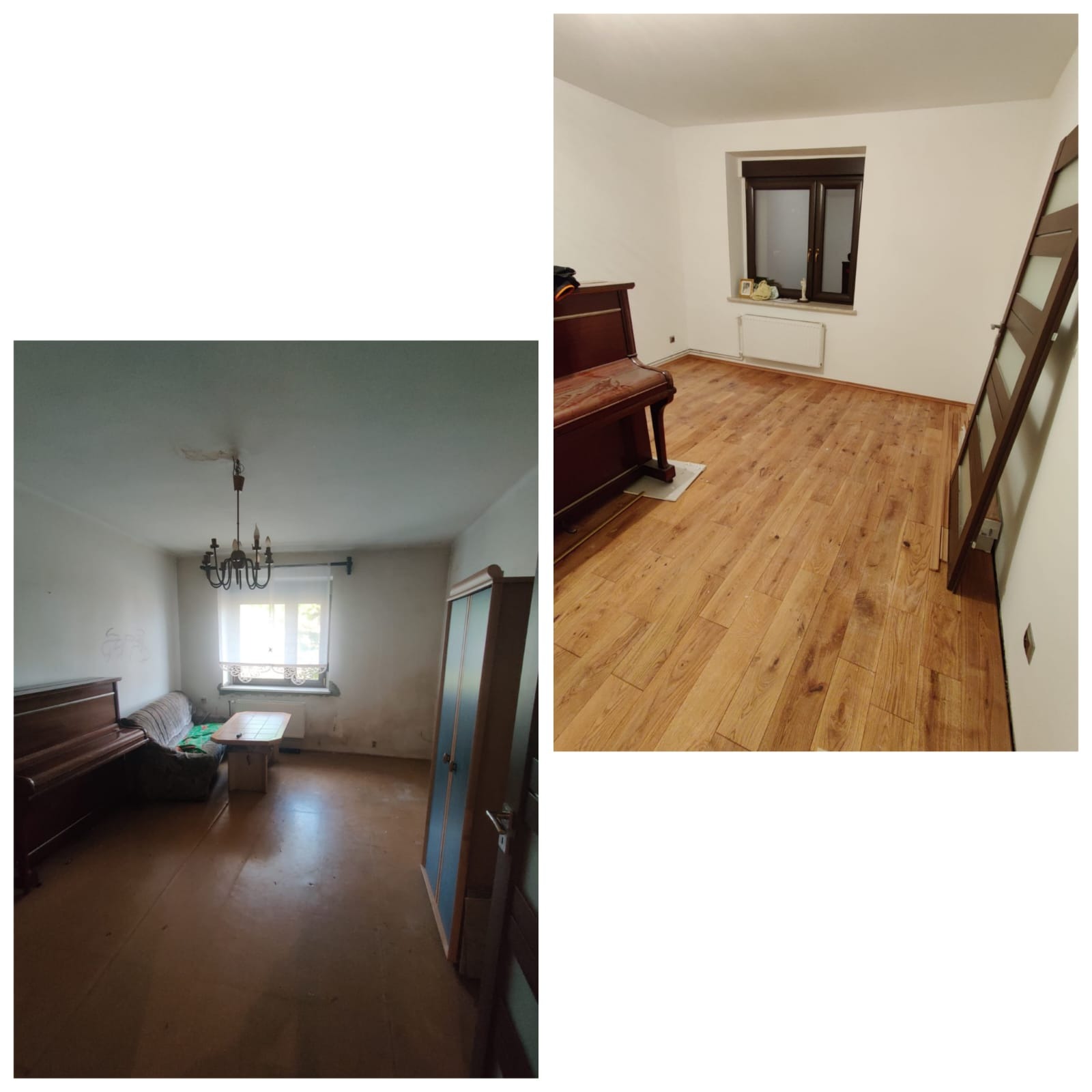 Zdjęcie 'przed i po' prezentujące metamorfozę pokoju: od stanu zaniedbanego z ciemną podłogą i ścianami, do odnowionego, jasnego wnętrza z panelami i świeżo pomalowanymi ścianami.