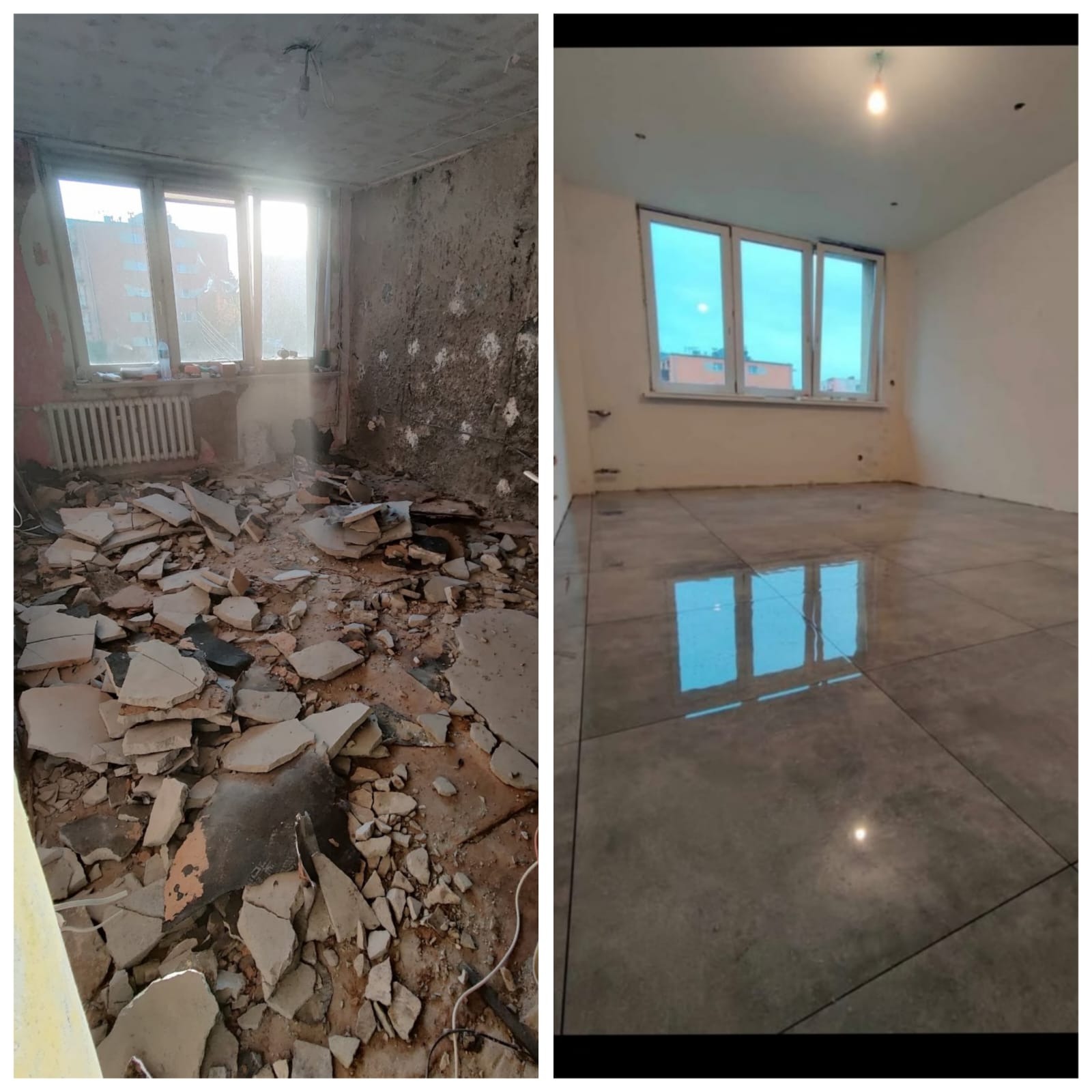 Remont pokoju w Piekary Śląskie - zdjęcie 'przed i po': od stanu zdemolowanego do wykończonego z nową podłogą i ścianami, widok na okno z refleksami.