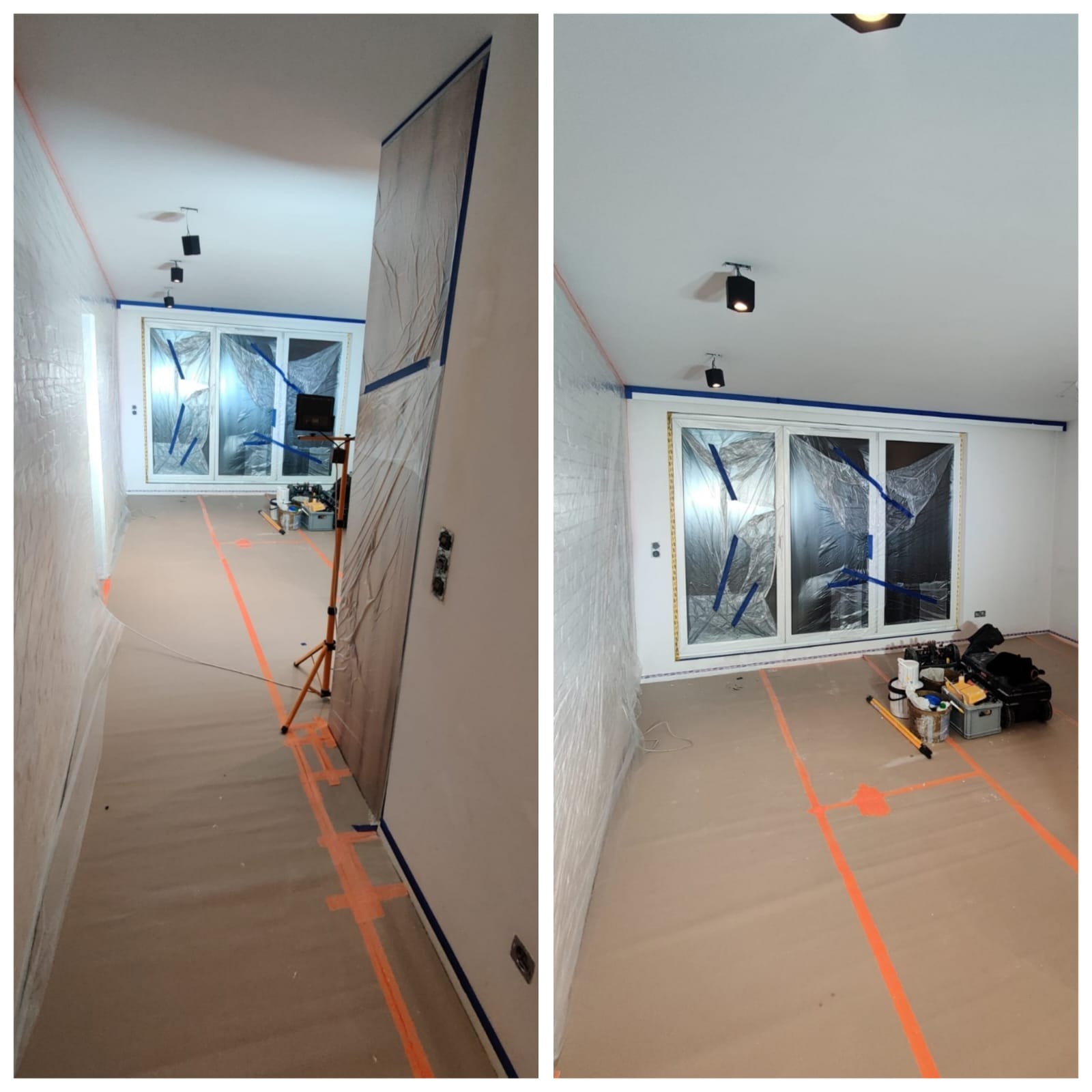 Przygotowania do malowania: pomieszczenie zabezpieczone folią i taśmą malarską, widoczne narzędzia i farby. Laserowy pomiar odległości.