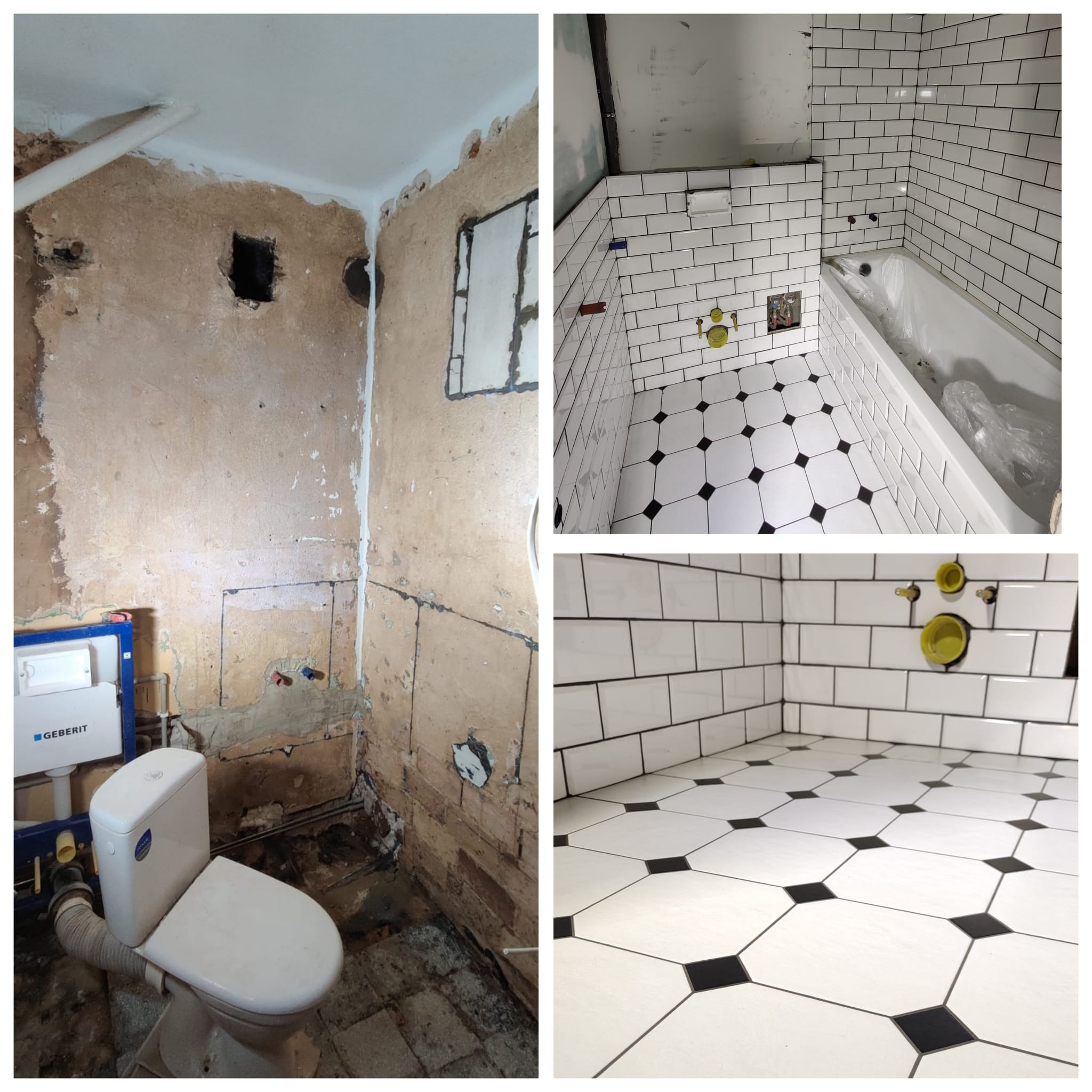 Foto kolaż: łazienka przed remontem z toaletą Geberit i po remoncie z białymi płytkami typu metro i czarno-białą podłogą. Widok na wannę.