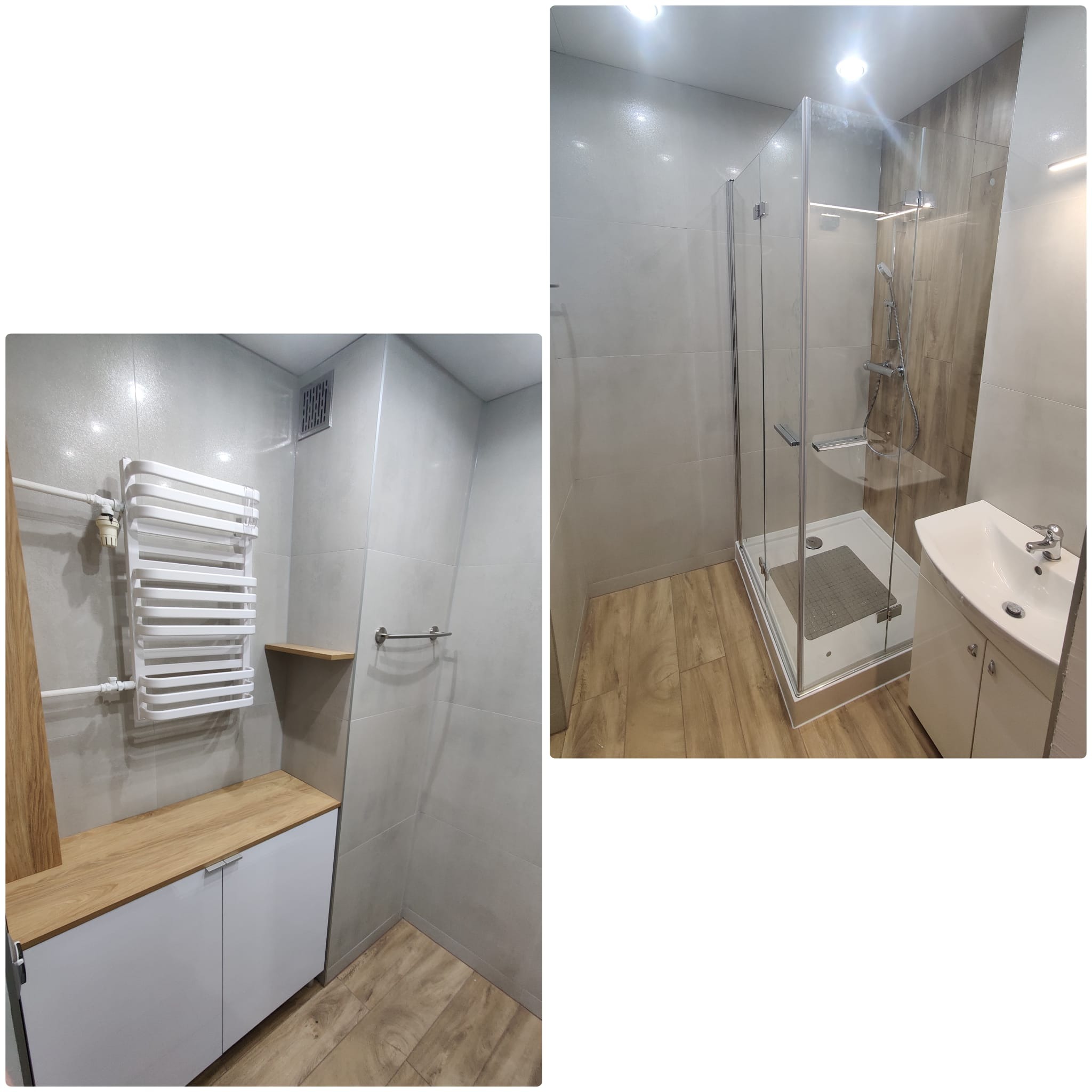 Nowoczesna łazienka po remoncie: kabina prysznicowa ze szklanymi drzwiami, umywalka z szafką, grzejnik drabinkowy i płytki imitujące drewno na podłodze.