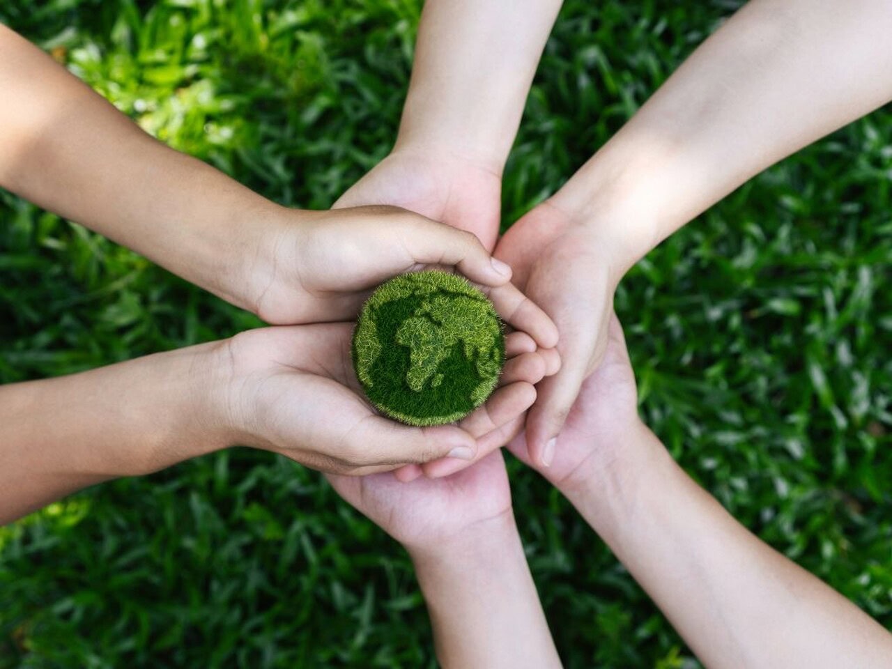 Dłonie trzymają zieloną kulę ziemską z mchu na tle trawy. Symbol ekologii, zrównoważonego rozwoju i współpracy w biznesie. www.aku-tech.pl.