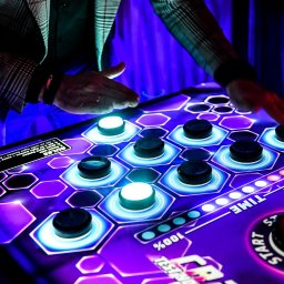 EventHero - Interaktywny stół z podświetlanymi przyciskami w kształcie heksagonów, obsługiwany przez osobę w marynarce w kratę, w neonowym oświetleniu. Widoczny panel sterowania.