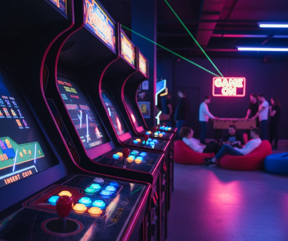 Neonowe wnętrze salonu gier z rzędem automatów arcade, strefą relaksu z pufami i stołem do piłkarzyków. Atmosferę podkreślają zielone lasery i napis 'Game On'.