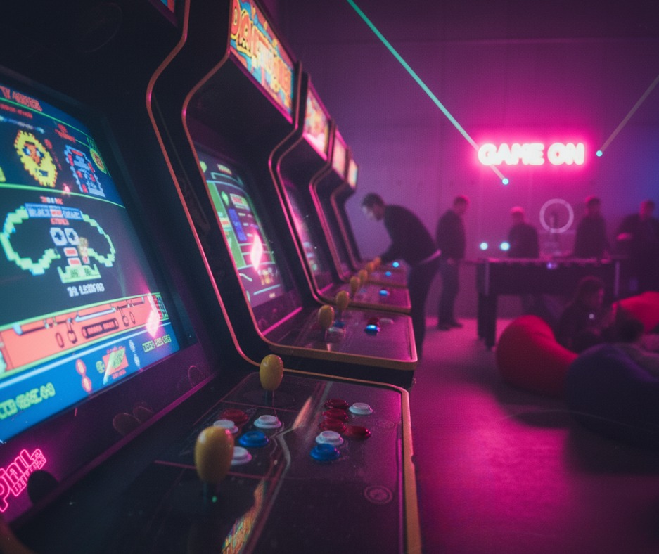 Sala gier retro z automatami arcade w rzędzie, neonowym napisem 'GAME ON', piłkarzykami i osobami w tle. Nastrojowe, fioletowo-różowe oświetlenie tworzy klimat rozrywki.