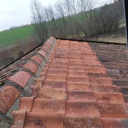 ALPSOLUTIONS SPÓŁKA Z OGRANICZONĄ ODPOWIEDZIALNOŚCIĄ - Czerwona dachówka karpiówka, widok z góry na nierówną powierzchnię, zarośniętą mchem, w tle zielone wzgórza i drzewa bez liści pod pochmurnym niebem.