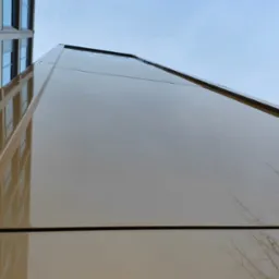 Błyszcząca, beżowa elewacja budynku biurowego z widocznym odbiciem sąsiedniego budynku i gałęzi drzew na tle błękitnego nieba. Ujęcie z dołu.