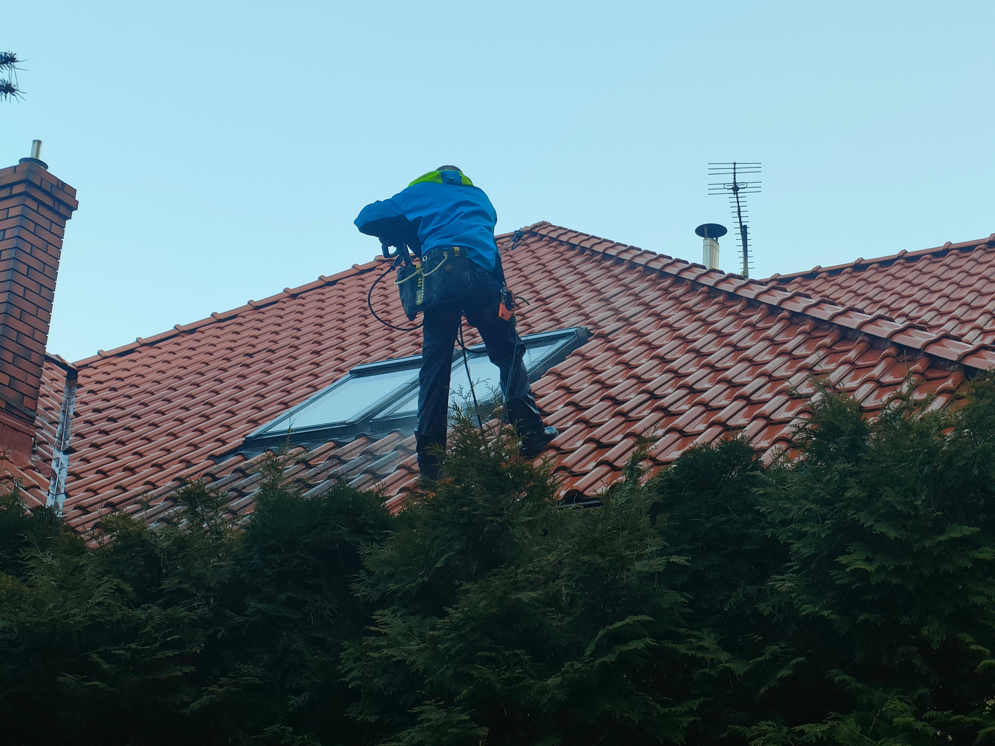 Pracownik w uprzęży na dachu z czerwoną dachówką, myje dach za pomocą myjki ciśnieniowej. Widoczne okno dachowe i fragment zielonego żywopłotu.
