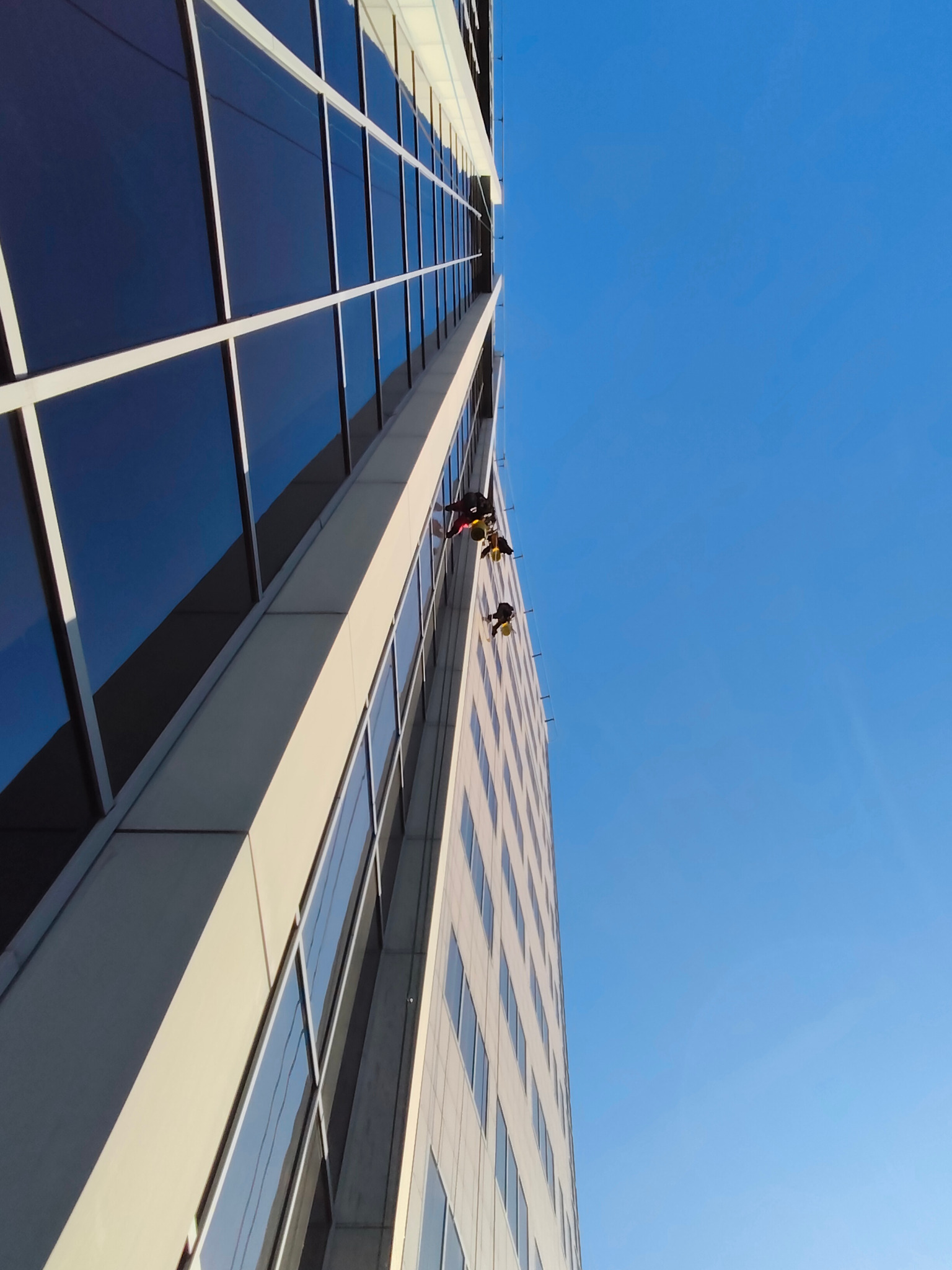 Dwóch alpinistów w uprzężach czyści okna wieżowca na wysokości, widok z dołu, błękitne niebo w tle.