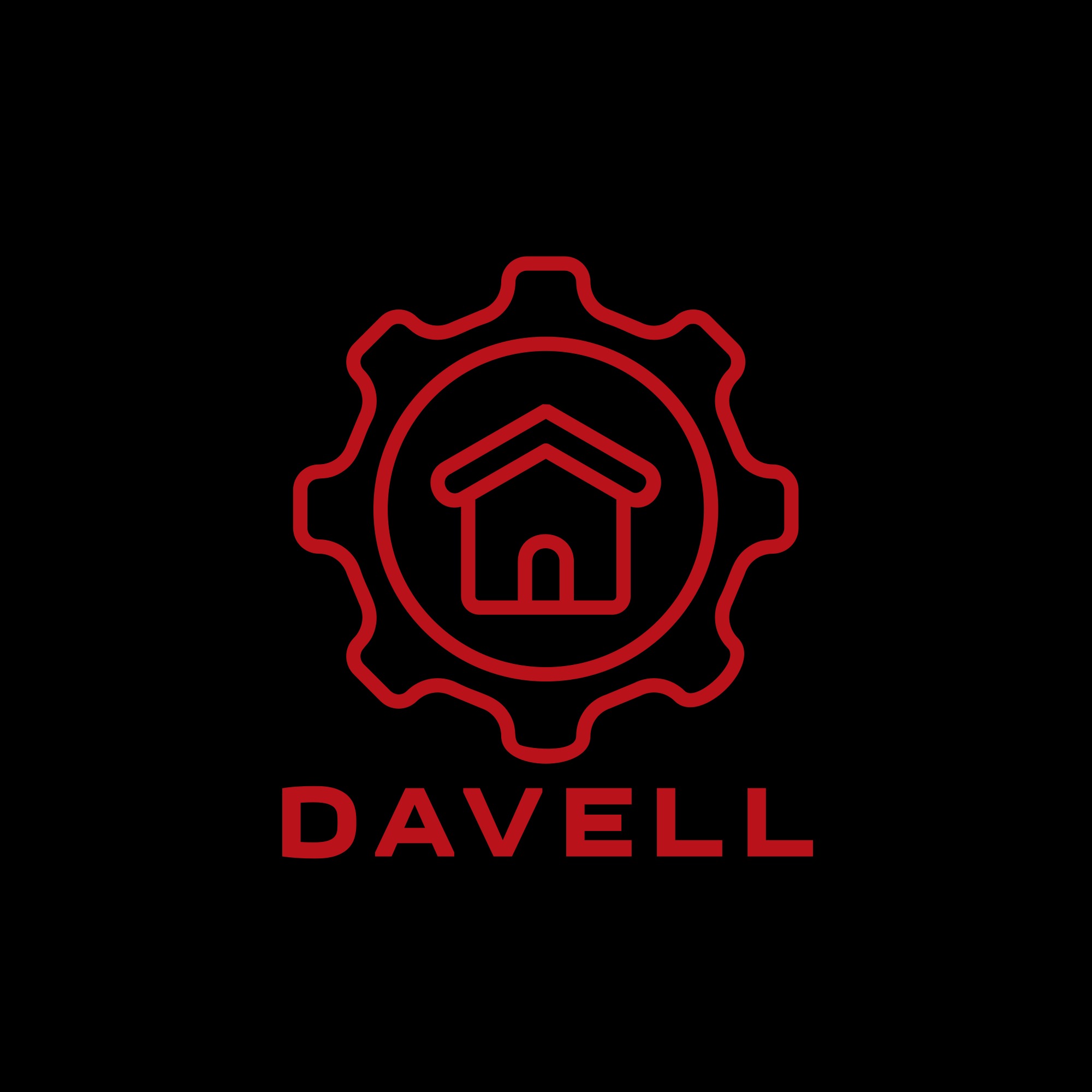 Logo firmy Davell z symbolem domu wewnątrz czerwonej zębatki na czarnym tle, sugerujące usługi związane z techniczną obsługą domów.