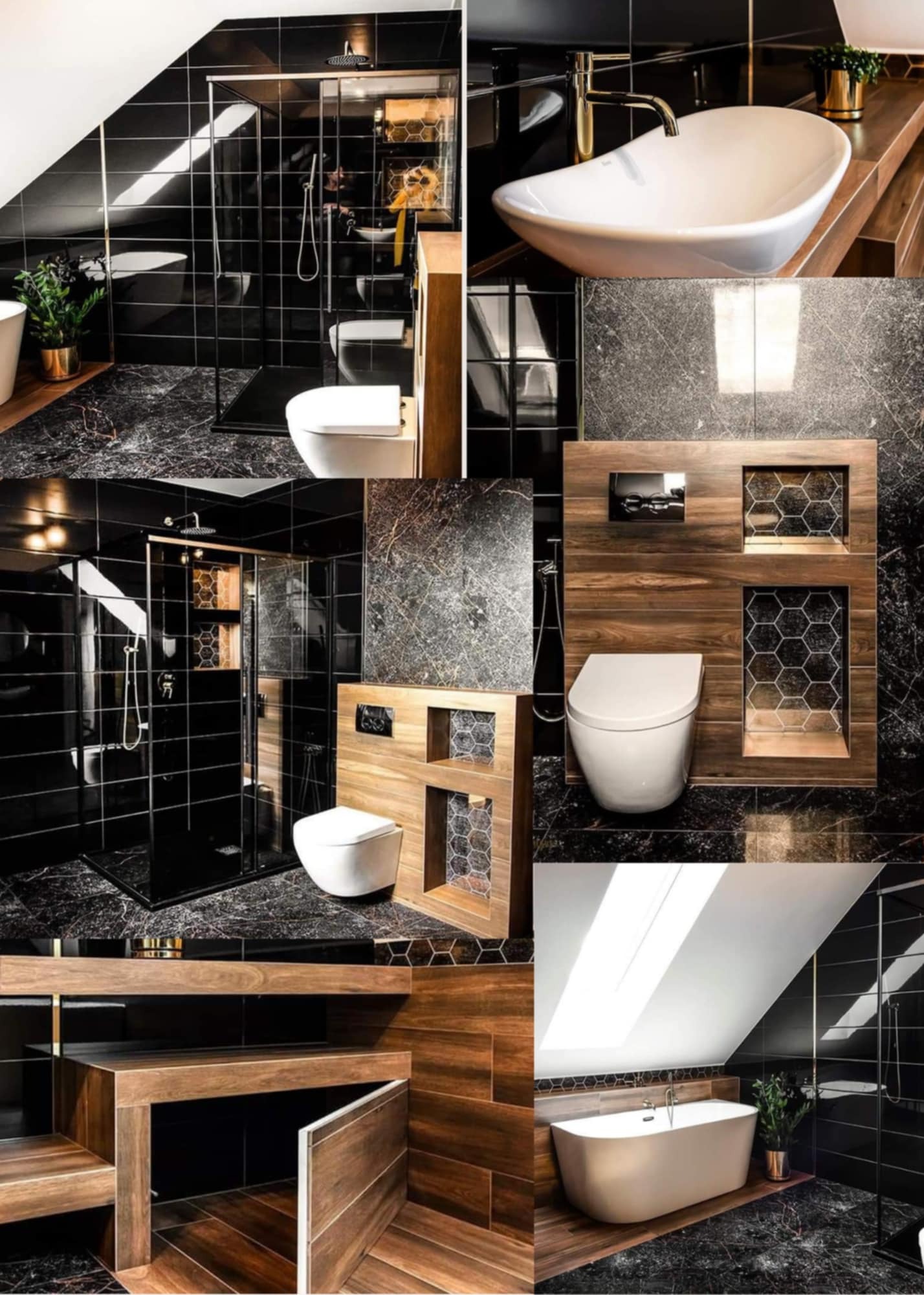 Nowoczesna łazienka w czerni i drewnie: kabina prysznicowa, umywalka nablatowa, toaleta z drewnianą zabudową, wanna pod skosem. Marmurowa podłoga, heksagonalne akcenty.