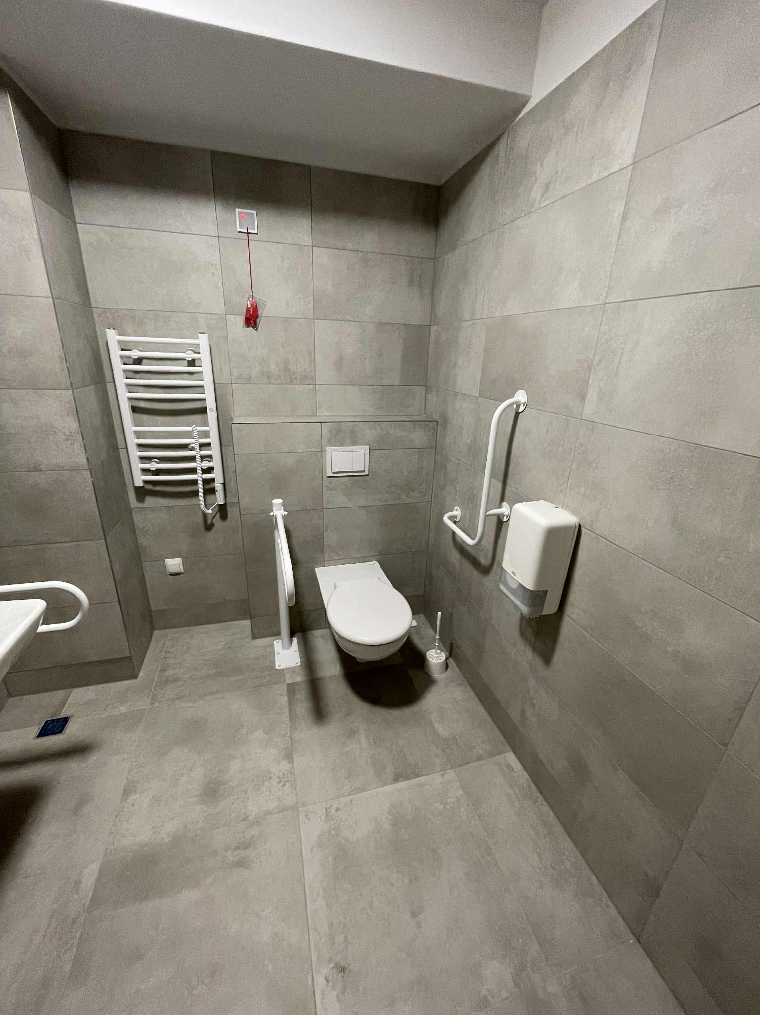 Wykończona łazienka w szarościach z toaletą, grzejnikiem drabinkowym i uchwytami dla niepełnosprawnych. Minimalistyczny design, duże płytki, nowoczesne wyposażenie.