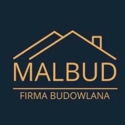 Eleganckie logo firmy budowlanej MALBUD na ciemnym tle, z minimalistycznym symbolem domu i schludnym fontem. Podkreślono profesjonalizm i solidność.