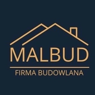 Eleganckie logo firmy budowlanej MALBUD na ciemnym tle, z minimalistycznym symbolem domu i schludnym fontem. Podkreślono profesjonalizm i solidność.