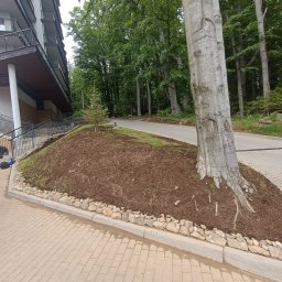 TerraFlo - Obsypana korą rabata z młodym drzewkiem przy budynku, obrzeże z kamieni. Widoczny fragment chodnika z kostki brukowej i drzewa w tle. Górka z korą przy parkingu.