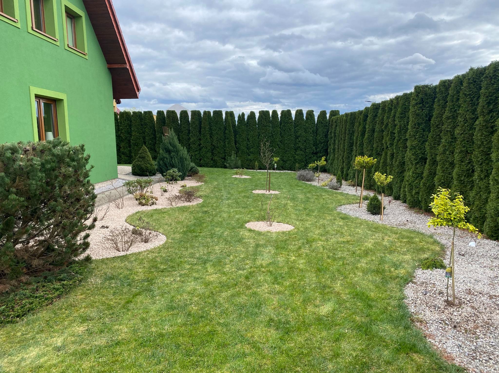 Zadbany ogród z równo przystrzyżonym trawnikiem, niskimi drzewkami i ozdobnymi krzewami, otoczony wysokim żywopłotem z tui. Widoczny fragment zielonego domu.
