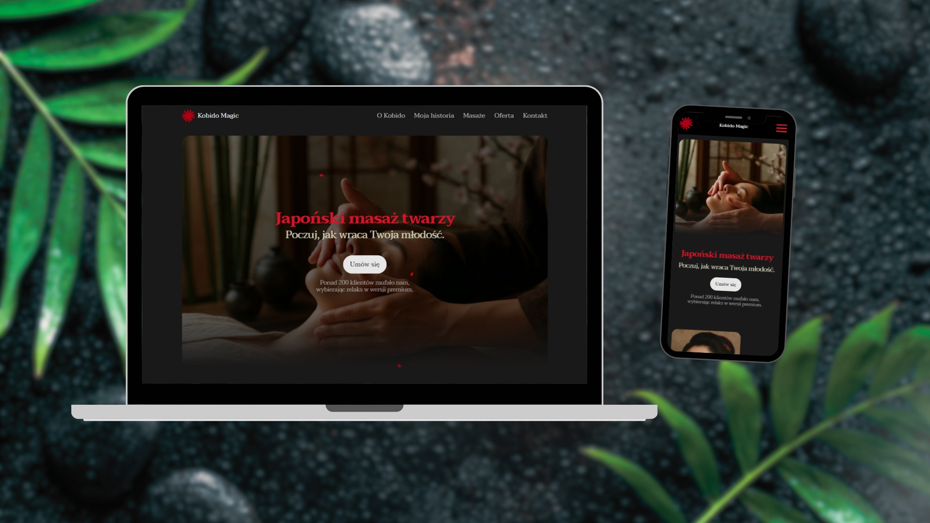Projekt strony dla masażysty Kobido — sekcja 'Hero'.