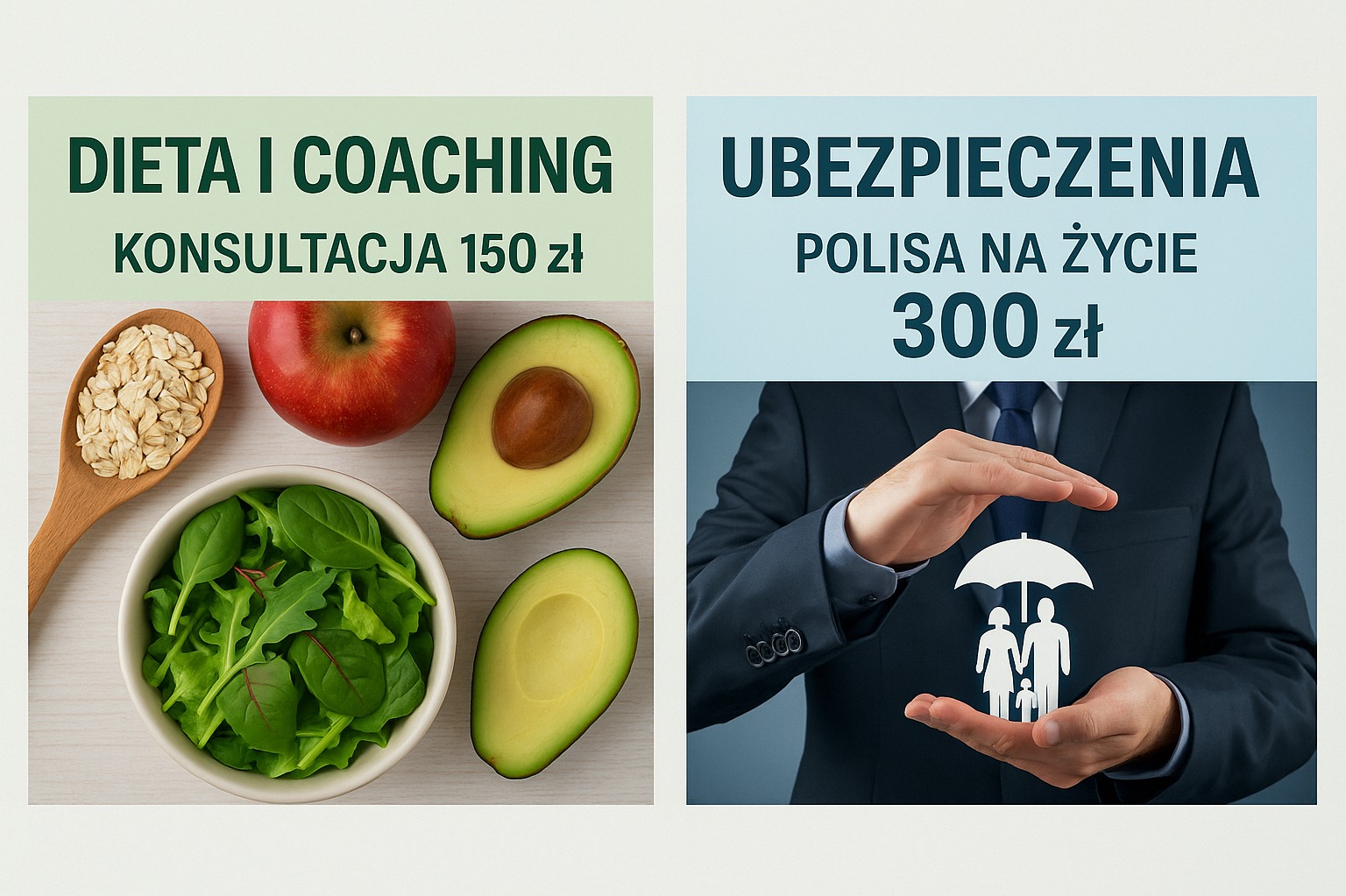 Dieta i coaching: owsianka, jabłko, awokado, sałata. Ubezpieczenia: mężczyzna w garniturze chroni rodzinę pod parasolem. Konsultacja i polisa na życie.