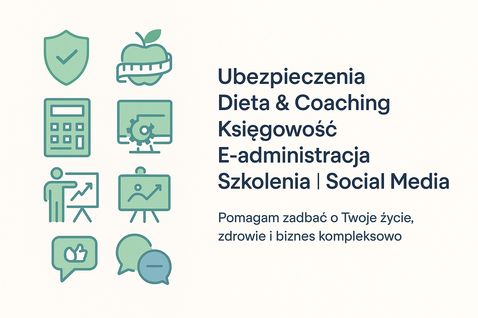 Graficzne ikony usług: ubezpieczenia, dieta, księgowość, e-administracja, szkolenia i social media. Jabłko z miarką symbolizuje dietę i coaching.