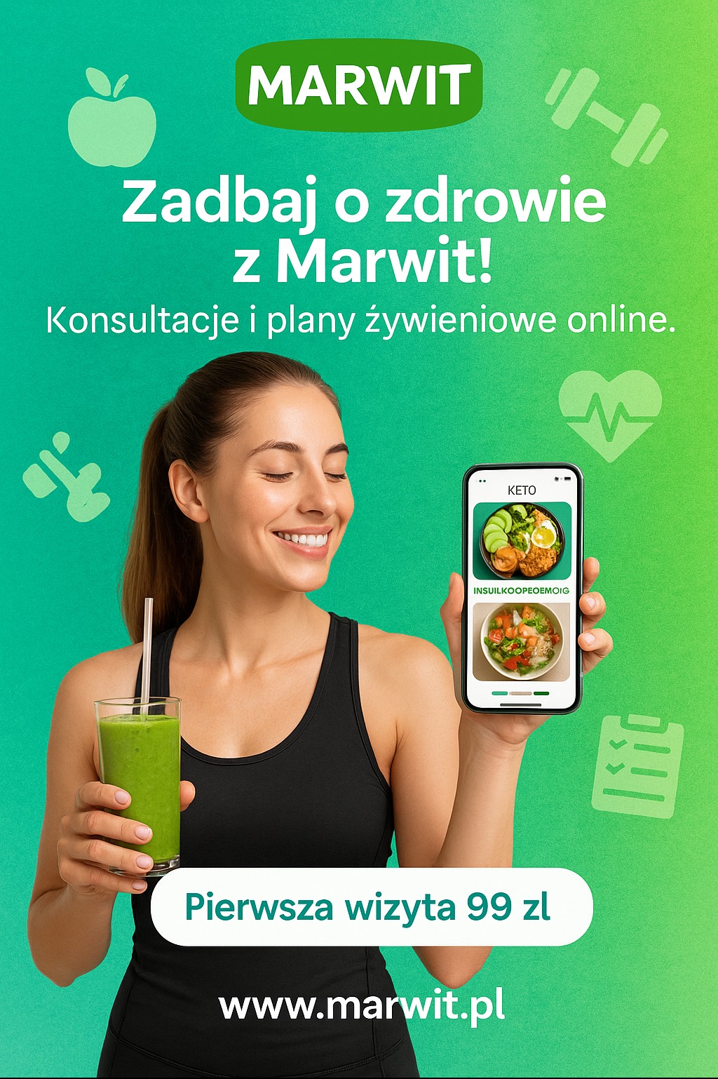 Uśmiechnięta kobieta z koktajlem i smartfonem prezentuje dietę Keto od Marwit. Konsultacje i plany żywieniowe online. Pierwsza wizyta 99 zł. www.marwit.pl
