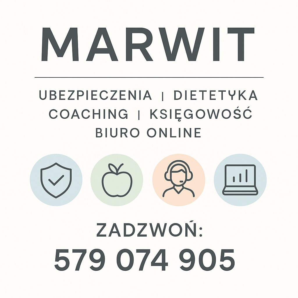 Grafika z nazwą firmy MARWIT, oferującej ubezpieczenia, dietetykę, coaching, księgowość online. Kontakt telefoniczny i ikony usług: ochrona, jabłko, konsultant, statystyki.