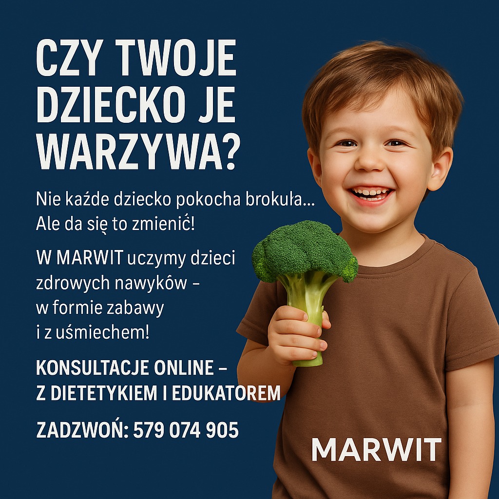 Uśmiechnięty chłopiec trzyma brokuła. Reklama konsultacji online z dietetykiem i edukatorem MARWIT, zachęcająca do zdrowych nawyków żywieniowych u dzieci.